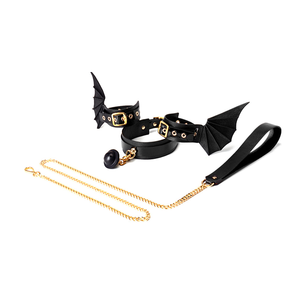 Dragon Wing Leather BDSM Set, Includes Collar, Wrist Cuffs, and Leash, Premium Genuine Leather with Gothic Punk Design.