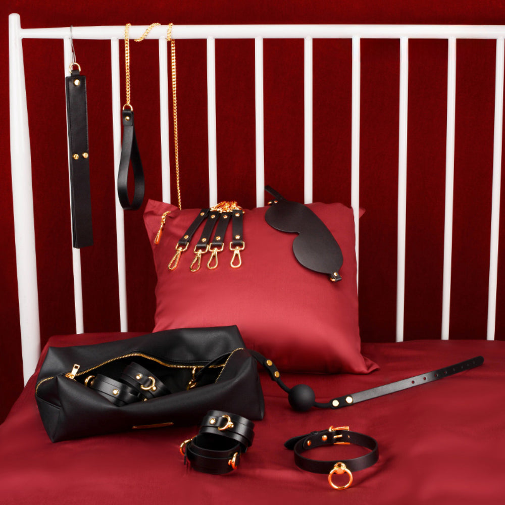 BDSM Ecstasy Genuine Leather Set, 11-Piece BDSM Kit with Collar, Cuffs, Leash, Ball Gag, Blindfold, Hogtie, and Triple Layer Spanking Paddle