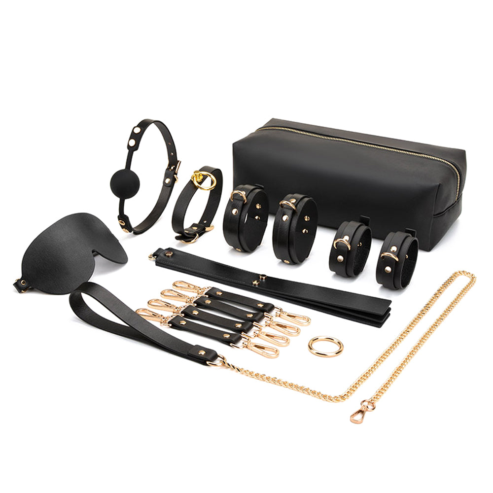 BDSM Ecstasy Genuine Leather Set, 11-Piece BDSM Kit with Collar, Cuffs, Leash, Ball Gag, Blindfold, Hogtie, and Triple Layer Spanking Paddle