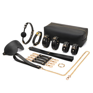 BDSM Ecstasy Genuine Leather Set, 11-Piece BDSM Kit with Collar, Cuffs, Leash, Ball Gag, Blindfold, Hogtie, and Triple Layer Spanking Paddle