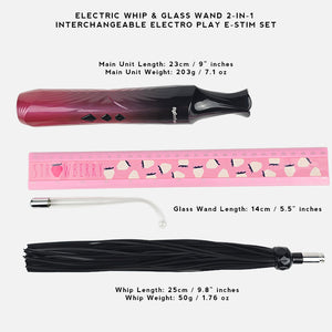 An electric whip and glass wand 2-in-1 interchangeable e-stim set displayed on a light gray background with text showing measurements and weights. The main unit is a pink-to-black gradient wand, the glass wand is clear, and the whip is black.
