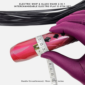A close-up of a pink electric wand massager being measured with a tape measure, held by a hand wearing a purple glove. Black and purple interchangeable wand parts are shown above, with text reading 'ELECTRIC WHIP & GLASS WAND 2-IN-1 INTERCHANGEABLE ELECTRO PLAY E-STIM SET' and 'Handle Circumference): 13cm / 5.