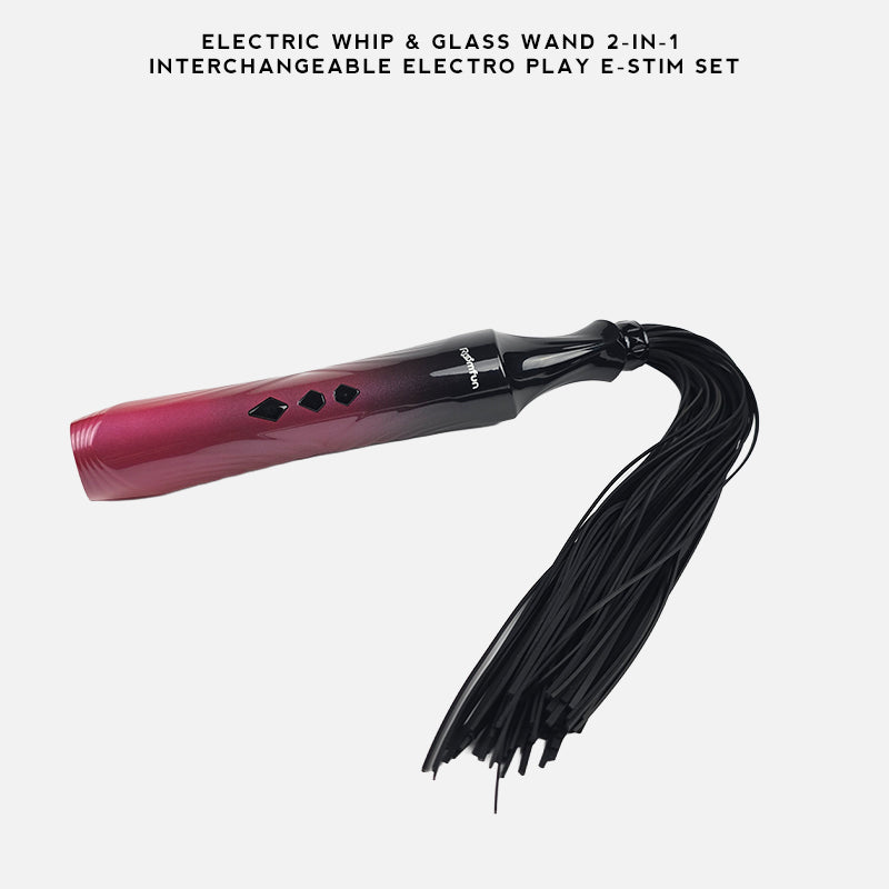 An electric whip and glass wand 2-in-1 interchangeable electro play e-stim set, featuring a metallic pink-to-black gradient handle with a long black tassel, shown on a light gray background with text at the top.