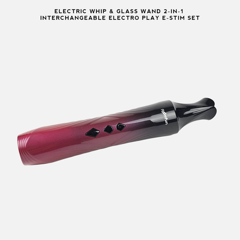A 2-in-1 electric whip and glass wand e-stim set with interchangeable electrodes, shown on a light gray background with text at the top reading 'ELECTRIC WHIP & GLASS WAND 2-IN-1 INTERCHANGEABLE ELECTRO PLAY E-STIM SET'. The device has a glossy dark red to black gradient body with three black button accents.