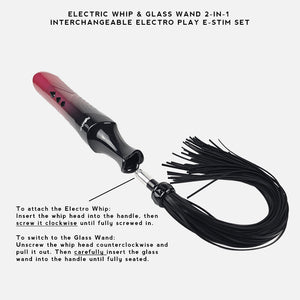 An electric sex toy set featuring a glass wand with a black-to-pink gradient handle and a black silicone whip, shown on a light gray background with text at the top reading 'ELECTRIC WHIP & GLASS WAND 2-IN-1 INTERCHANGEABLE ELECTRO PLAY E-STIM SET'.