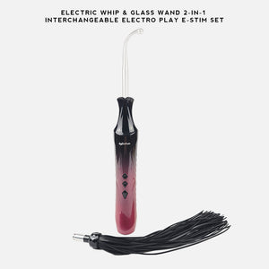 An electric sex toy set featuring a glass wand with a black-to-pink gradient handle and a black silicone whip, shown on a light gray background with text at the top reading 'ELECTRIC WHIP & GLASS WAND 2-IN-1 INTERCHANGEABLE ELECTRO PLAY E-STIM SET'.