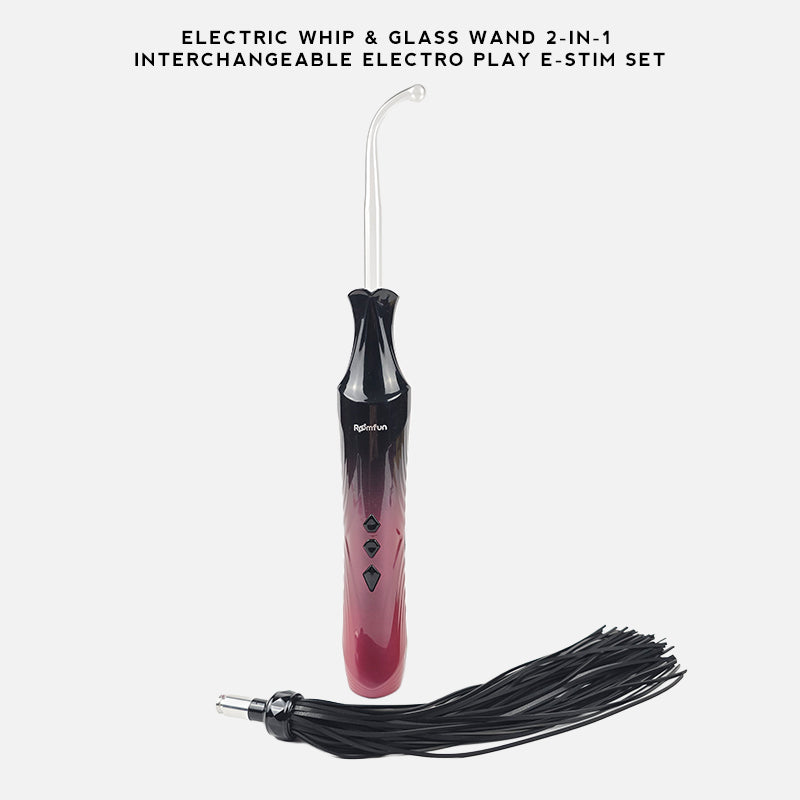 An electric sex toy set featuring a glass wand with a black-to-pink gradient handle and a black silicone whip, shown on a light gray background with text at the top reading 'ELECTRIC WHIP & GLASS WAND 2-IN-1 INTERCHANGEABLE ELECTRO PLAY E-STIM SET'.
