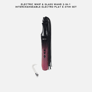 An electric wand and glass wand 2-in-1 interchangeable e-stim set on a light gray background with text at the top reading 'ELECTRIC WHIP & GLASS WAND 2-IN-1 INTERCHANGEABLE ELECTRO PLAY E-STIM SET'. The main wand has a black-to-pink gradient body with a black wrist strap, and a separate white curved glass wand is shown below it.