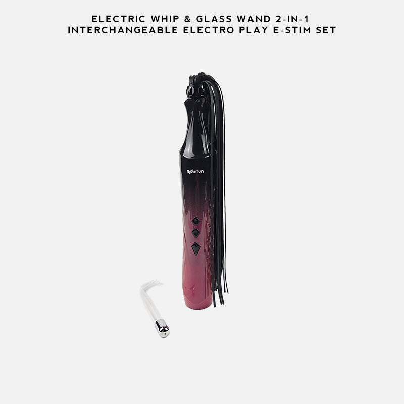 An electric wand and glass wand 2-in-1 interchangeable e-stim set on a light gray background with text at the top reading 'ELECTRIC WHIP & GLASS WAND 2-IN-1 INTERCHANGEABLE ELECTRO PLAY E-STIM SET'. The main wand has a black-to-pink gradient body with a black wrist strap, and a separate white curved glass wand is shown below it.