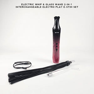 An electric dual-stimulated wand set shown on a white background with text at the top reading 'ELECTRIC WHIP & GLASS WAND 2-IN-1 INTERCHANGEABLE ELECTRO PLAY E-STIM SET.' The main product is a black-to-deep-red gradient handheld wand standing upright, with a black charging cable and two black silicone wands laid out below.