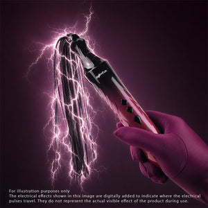 A hand in a purple glove holds a black and pink Electric Whip & Glass Wand 2-in-1 Cordless Electro Play E-Stim Set with purple lightning effects digitally added around the bristles, on a dark purple background with a disclaimer at the bottom.