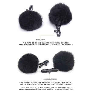 Kinky Furry Fur Ball Nipple Clamps with adjustable tension, featuring black fluffy fur balls and vinyl-coated tips for intense nipple play.