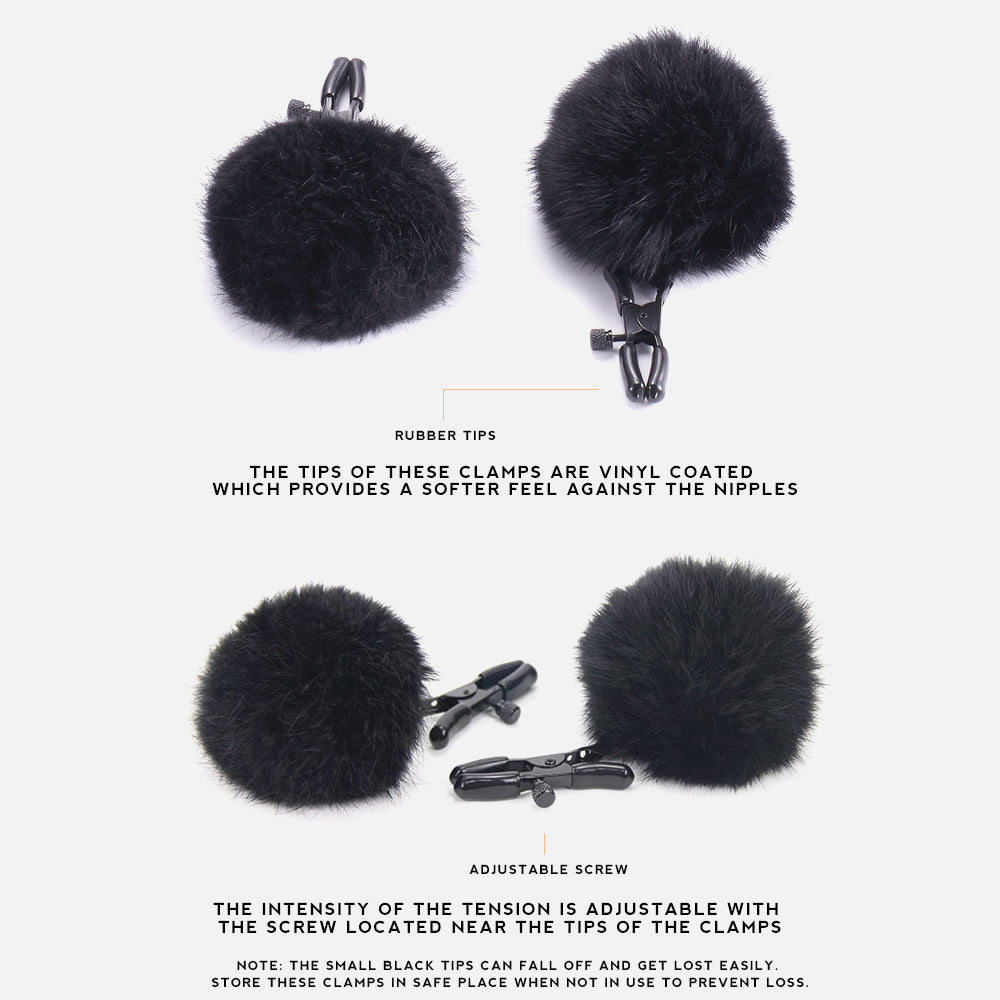 Adjustable Nipple Clamps with Black Fur Pompoms