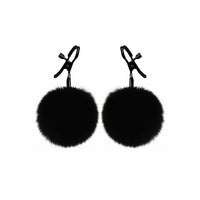 Kinky Furry Fur Ball Nipple Clamps with adjustable tension, featuring black fluffy fur balls and vinyl-coated tips for intense nipple play.
