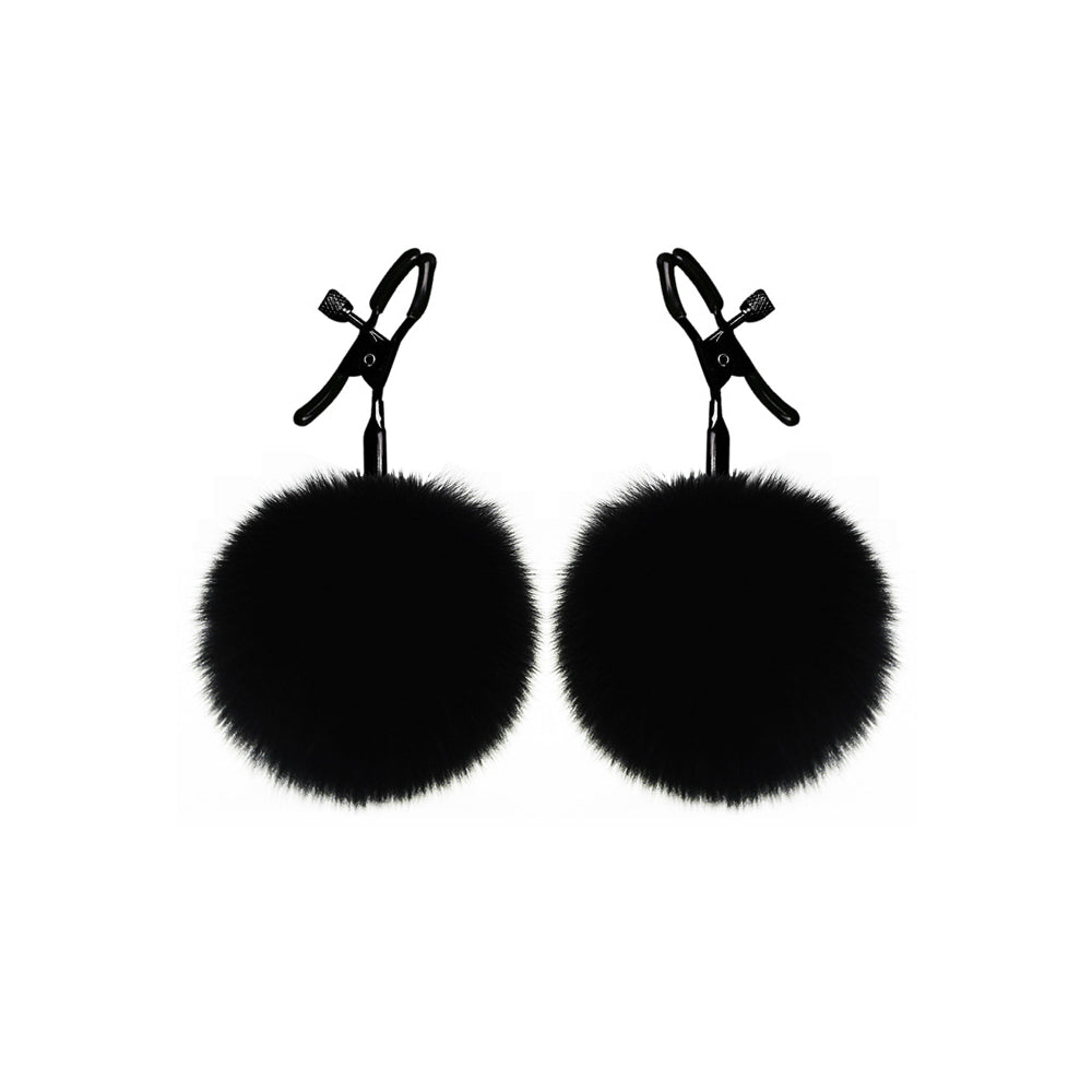 Kinky Furry Fur Ball Nipple Clamps with adjustable tension, featuring black fluffy fur balls and vinyl-coated tips for intense nipple play.