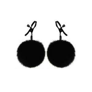 Kinky Furry Fur Ball Nipple Clamps with adjustable tension, featuring black fluffy fur balls and vinyl-coated tips for intense nipple play.