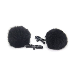 Kinky Furry Fur Ball Nipple Clamps with adjustable tension, featuring black fluffy fur balls and vinyl-coated tips for intense nipple play.