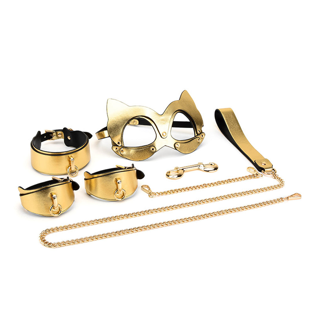 Golden Kinky Kitten Submissive Collar and Cuffs BDSM Kit, Includes Mask, Leash, and Adjustable Restraints