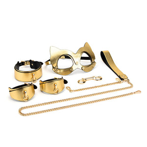 Golden Kinky Kitten Submissive Collar and Cuffs BDSM Kit, Includes Mask, Leash, and Adjustable Restraints