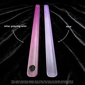 Two translucent hard candy impact rulers, one pink and one lavender, displayed on a black textured background with text explaining that the color deepens over time with use.