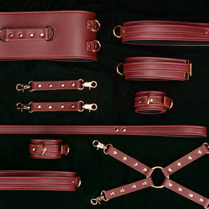 Luxe Waist Belt BDSM Restraint Set, Red Wine Vegan Leather with Gold Accents, Includes Collar, Leash, Cuffs, and Hogtie