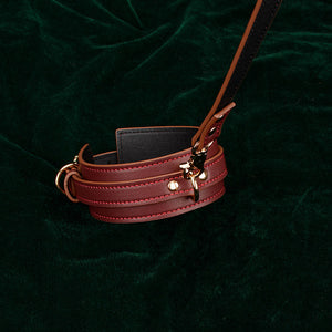 Luxe Waist Belt BDSM Restraint Set, Red Wine Vegan Leather with Gold Accents, Includes Collar, Leash, Cuffs, and Hogtie