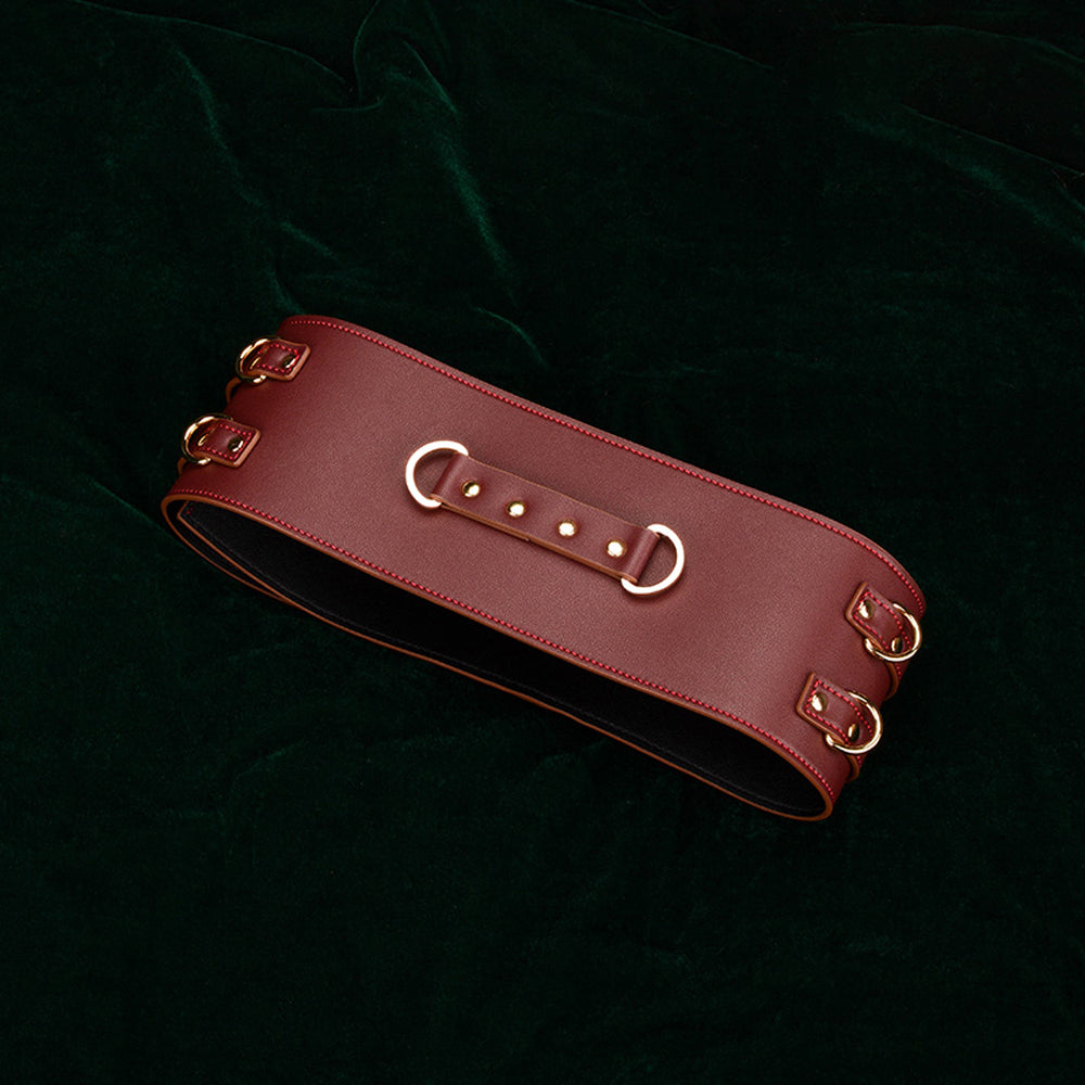 Luxe Waist Belt BDSM Restraint Set, Red Wine Vegan Leather with Gold Accents, Includes Collar, Leash, Cuffs, and Hogtie