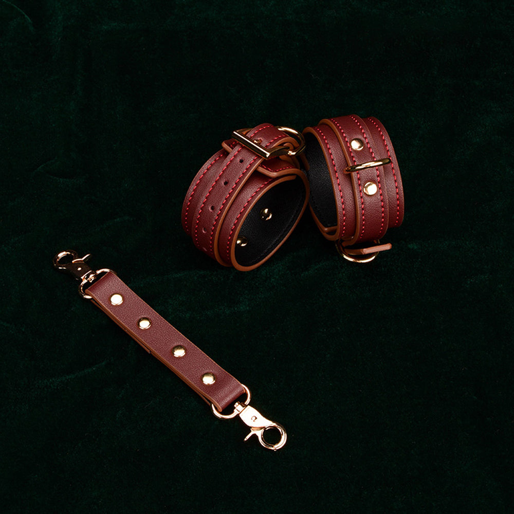 Luxe Waist Belt BDSM Restraint Set, Red Wine Vegan Leather with Gold Accents, Includes Collar, Leash, Cuffs, and Hogtie