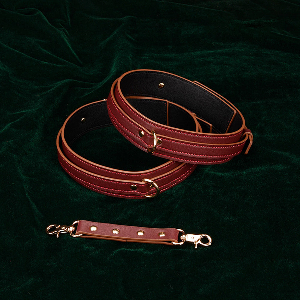 Luxe Waist Belt BDSM Restraint Set, Red Wine Vegan Leather with Gold Accents, Includes Collar, Leash, Cuffs, and Hogtie