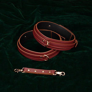 Luxe Waist Belt BDSM Restraint Set, Red Wine Vegan Leather with Gold Accents, Includes Collar, Leash, Cuffs, and Hogtie