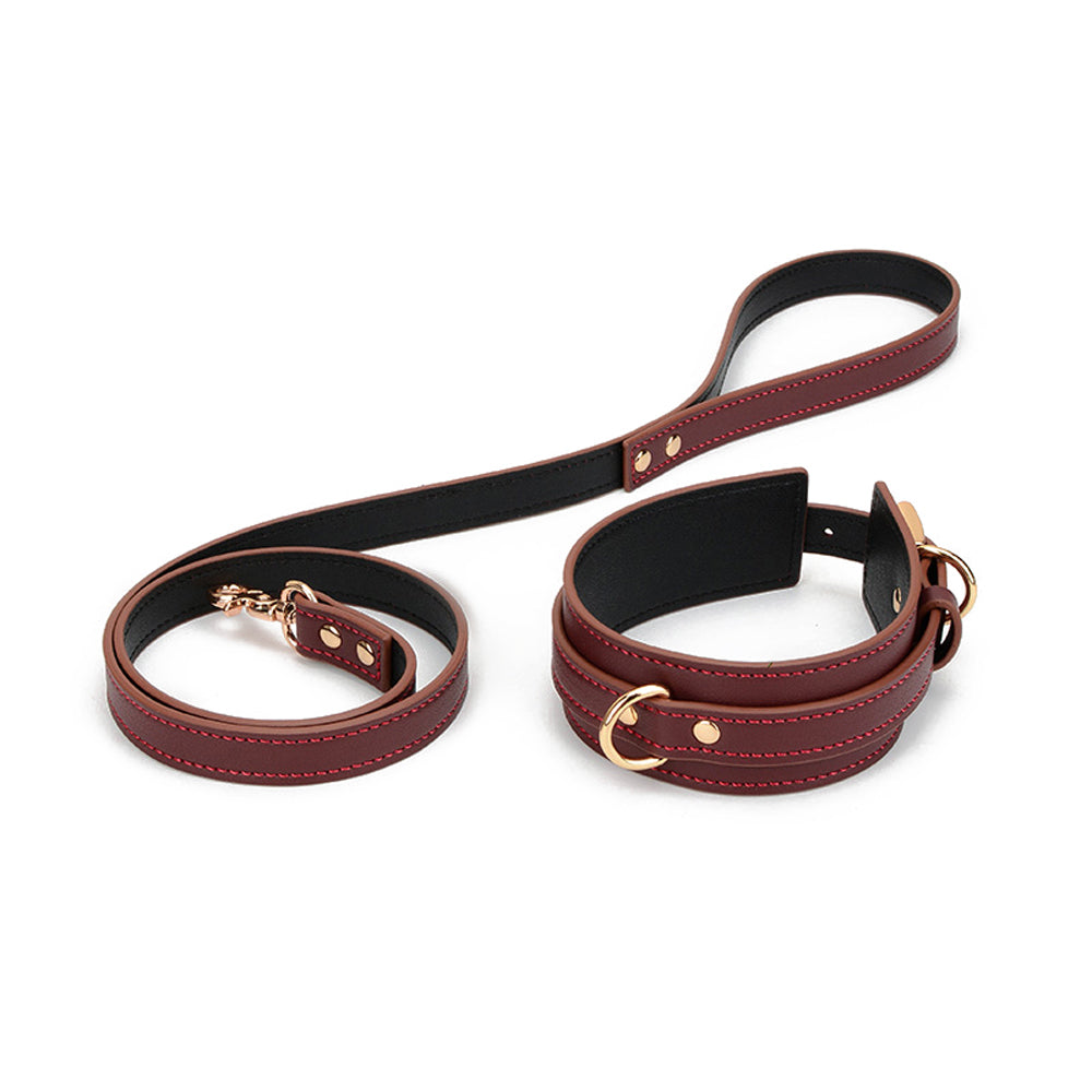 Luxe Waist Belt BDSM Restraint Set, Red Wine Vegan Leather with Gold Accents, Includes Collar, Leash, Cuffs, and Hogtie