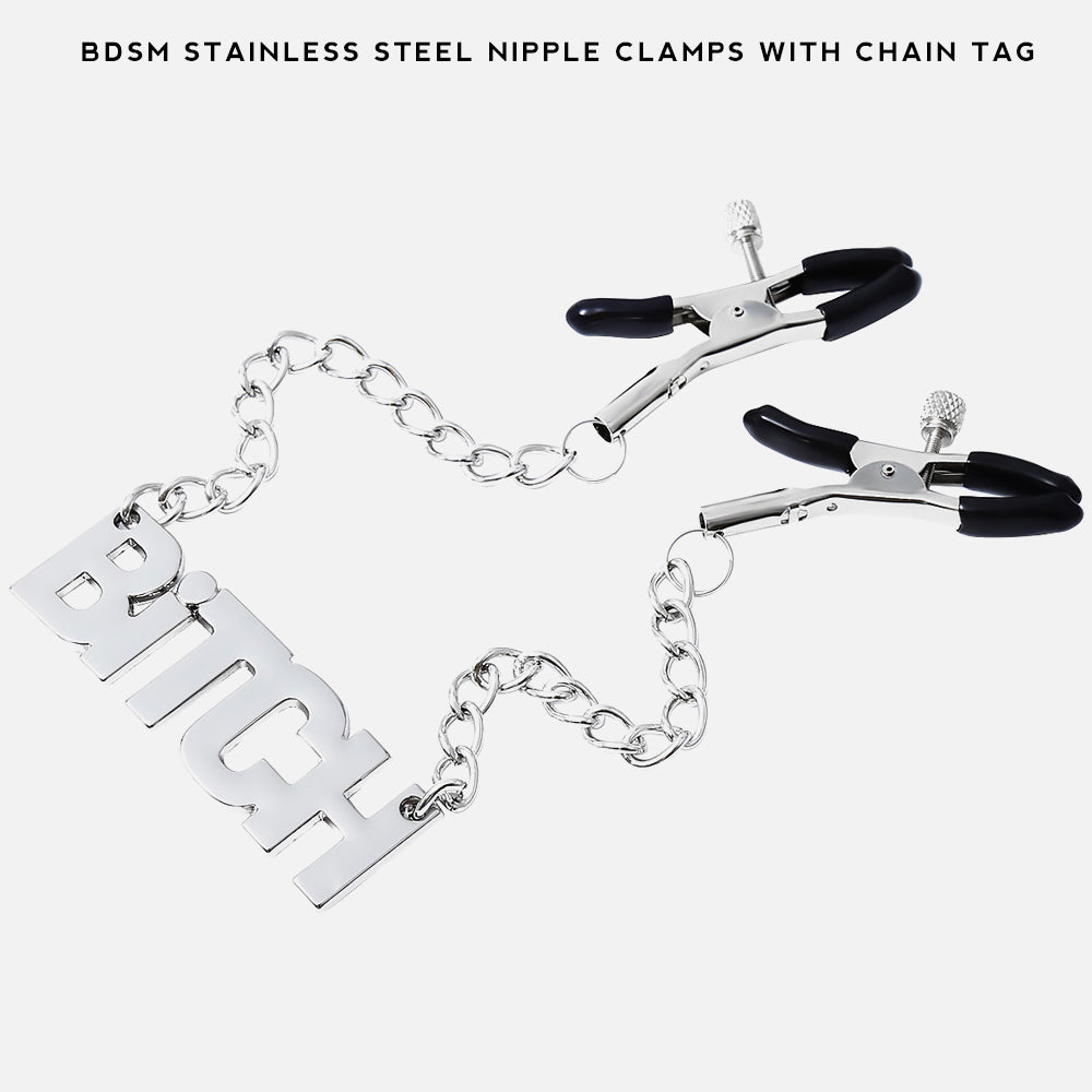 BDSM Stainless Steel Nipple Clamps with Chain Tag
