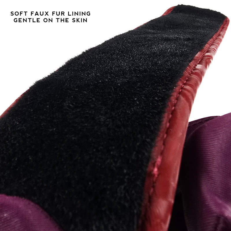 OZGAGA Deluxe Red Passion Velvet Bondage Restraint Spanking Kit (15pc). Close-up of soft faux fur lining with text indicating it is gentle on the skin.