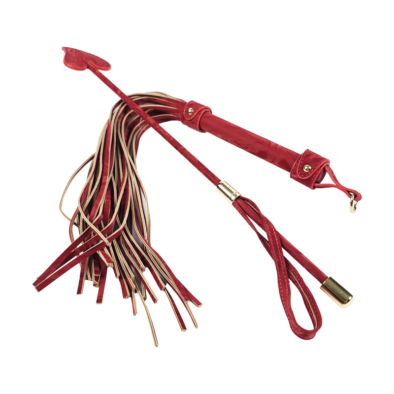 Red leather whip and flogger with gold accents on a white background. OZGAGA Deluxe Red Passion Velvet Bondage Restraint Spanking Kit (15pc)