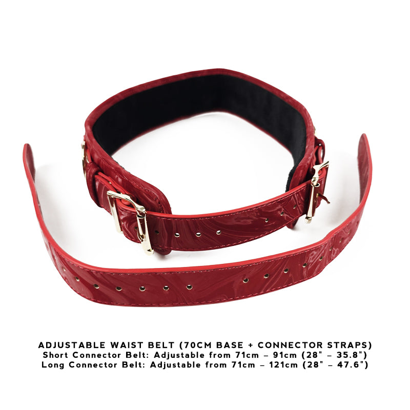 OZGAGA Deluxe Red Passion Velvet Bondage Restraint Spanking Kit (15pc) Red adjustable waist belt with connector straps on a white background