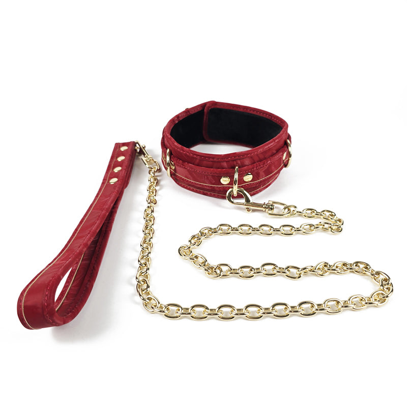 OZGAGA Deluxe Red Passion Velvet Bondage Restraint Spanking Kit (15pc) Red leather collar and leash set with gold chain on a white background