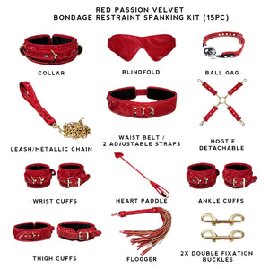 OZGAGA Deluxe Red Passion Velvet Bondage Restraint Spanking Kit (15pc) Red passion velvet bondage restraint kit with various items on a white background