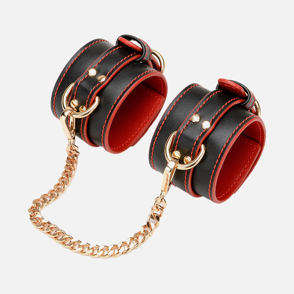 Red Stitching Vegan Leather Wrist and Ankle Set Cuffs with Metallic Chains