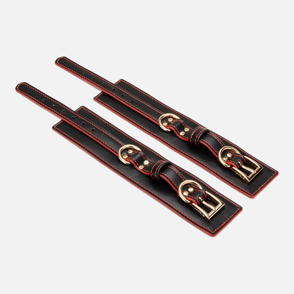 Red Stitching Vegan Leather Wrist and Ankle Set Cuffs with Metallic Chains