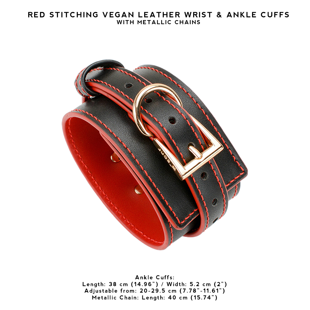 Red Stitching Vegan Leather Wrist & Ankle Cuffs with Metallic Chains