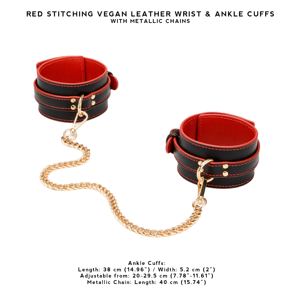 Red Stitching Vegan Leather Wrist & Ankle Cuffs with Metallic Chains