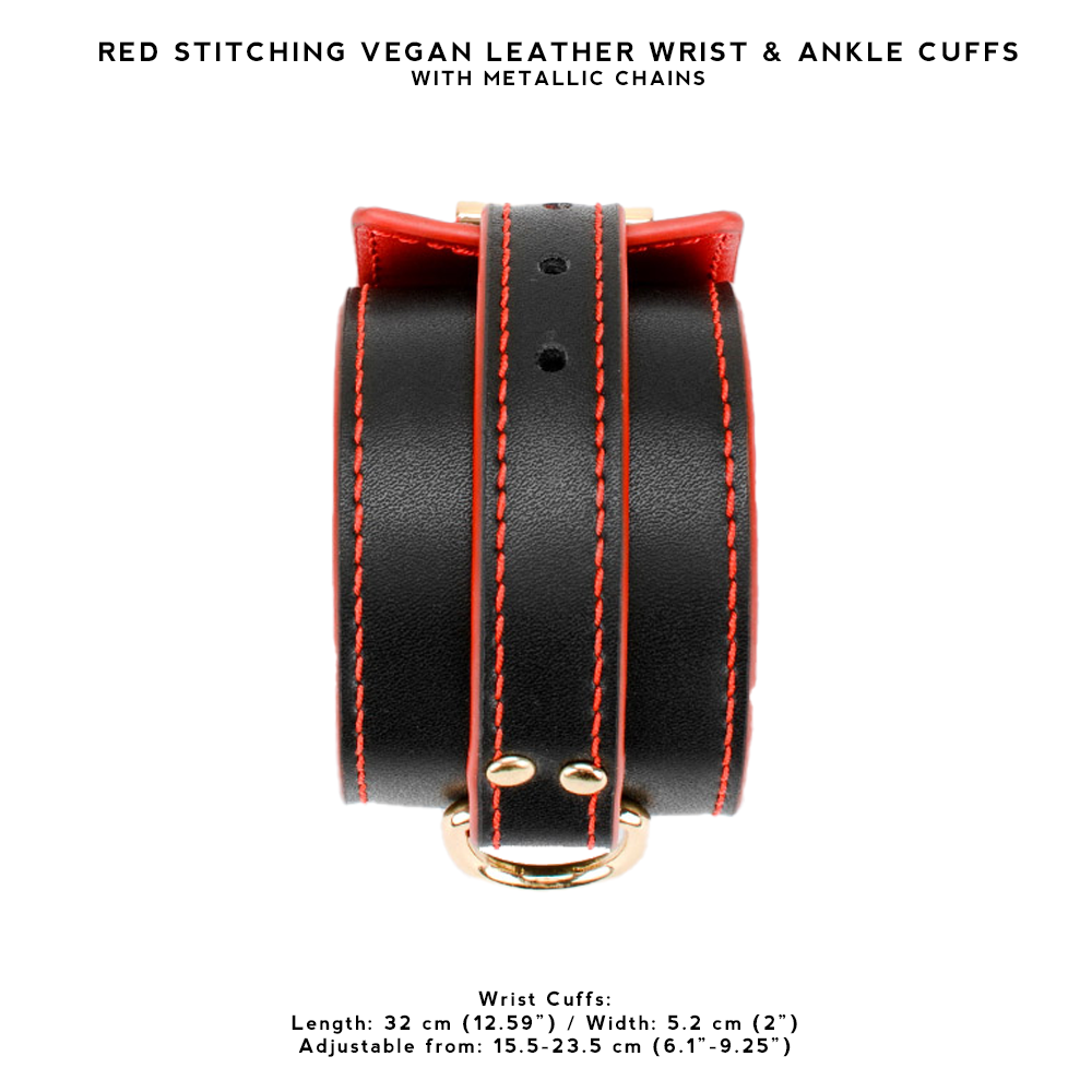 Red Stitching Vegan Leather Wrist & Ankle Cuffs with Metallic Chains