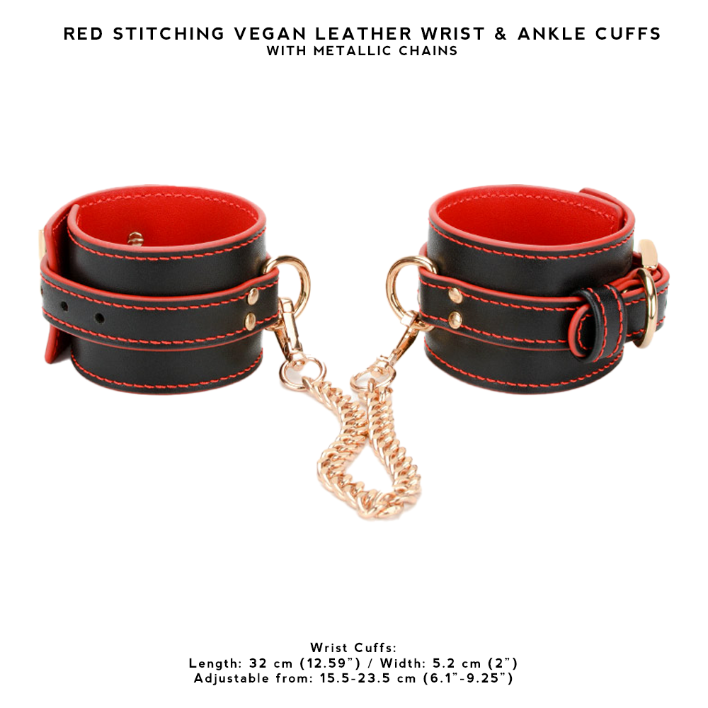 Red Stitching Vegan Leather Wrist & Ankle Cuffs with Metallic Chains