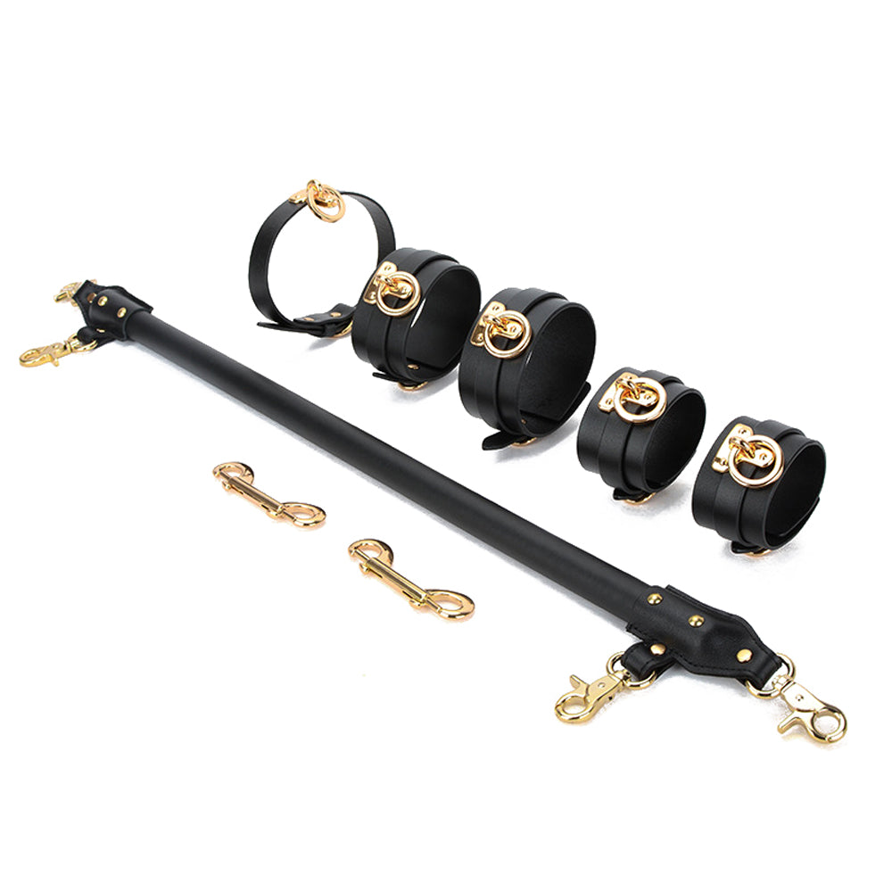 Leather Wrapped Spreader Bar BDSM Set, Includes Collar, Cuffs, and Double Fixation Buckles, Premium Genuine Leather