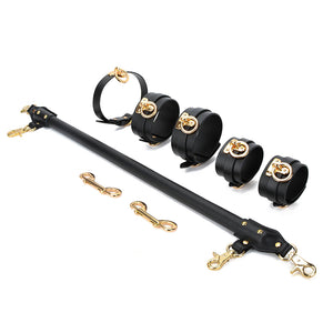 Leather Wrapped Spreader Bar BDSM Set, Includes Collar, Cuffs, and Double Fixation Buckles, Premium Genuine Leather