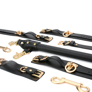 Leather Wrapped Spreader Bar BDSM Set, Includes Collar, Cuffs, and Double Fixation Buckles, Premium Genuine Leather