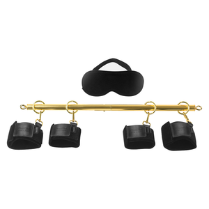 Luxury BDSM Stainless Steel Spreader Bar Set with black and gold wrist and ankle cuffs, designed for secure and comfortable restraint.