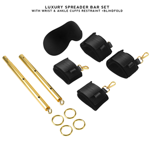 Luxury BDSM Stainless Steel Spreader Bar Set with black and gold wrist and ankle cuffs, designed for secure and comfortable restraint.