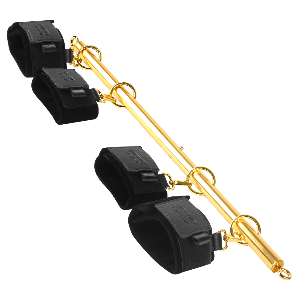 Luxury BDSM Stainless Steel Spreader Bar Set with black and gold wrist and ankle cuffs, designed for secure and comfortable restraint.