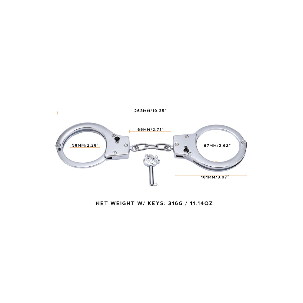 Silver stainless steel handcuffs with safety release and keys, designed for BDSM play, featuring a sleek and durable design.